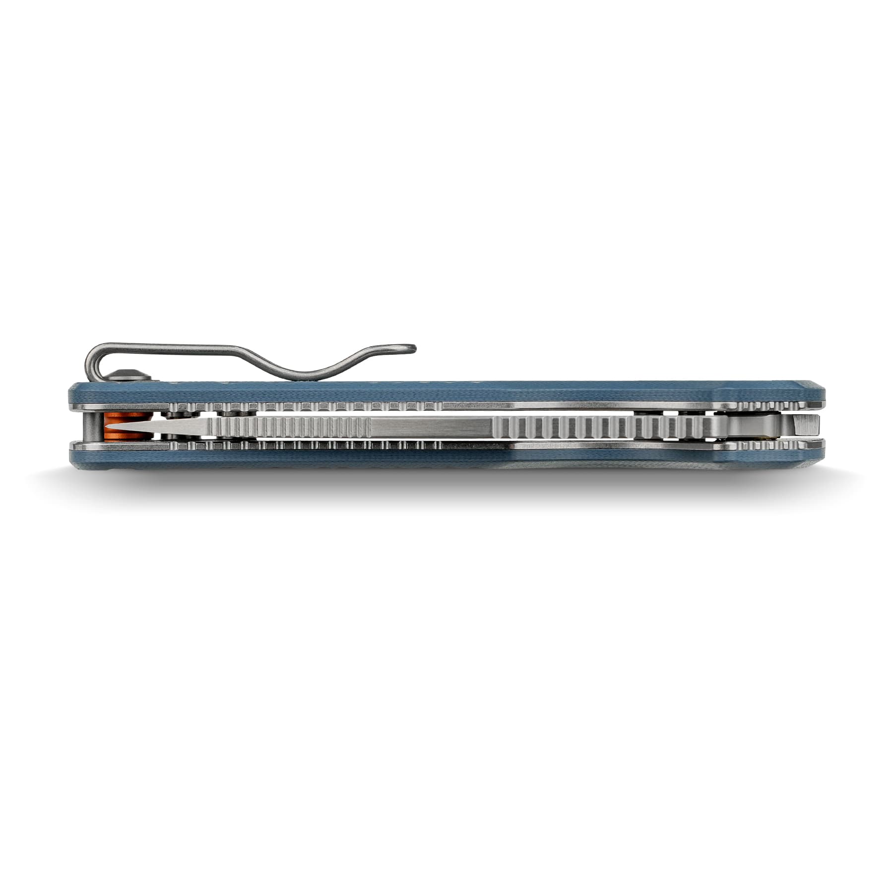 Side view of a blue stapler with a curved metal lever and visible internal gears on the top edge.