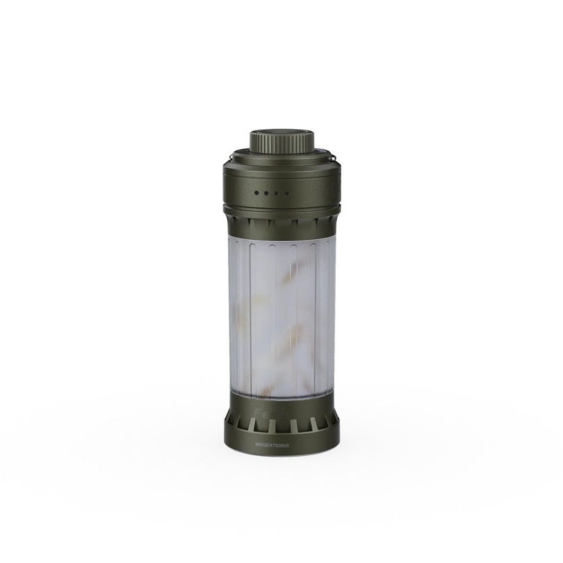 Olive green LED camping lantern standing upright with a frosted cylindrical light chamber.
