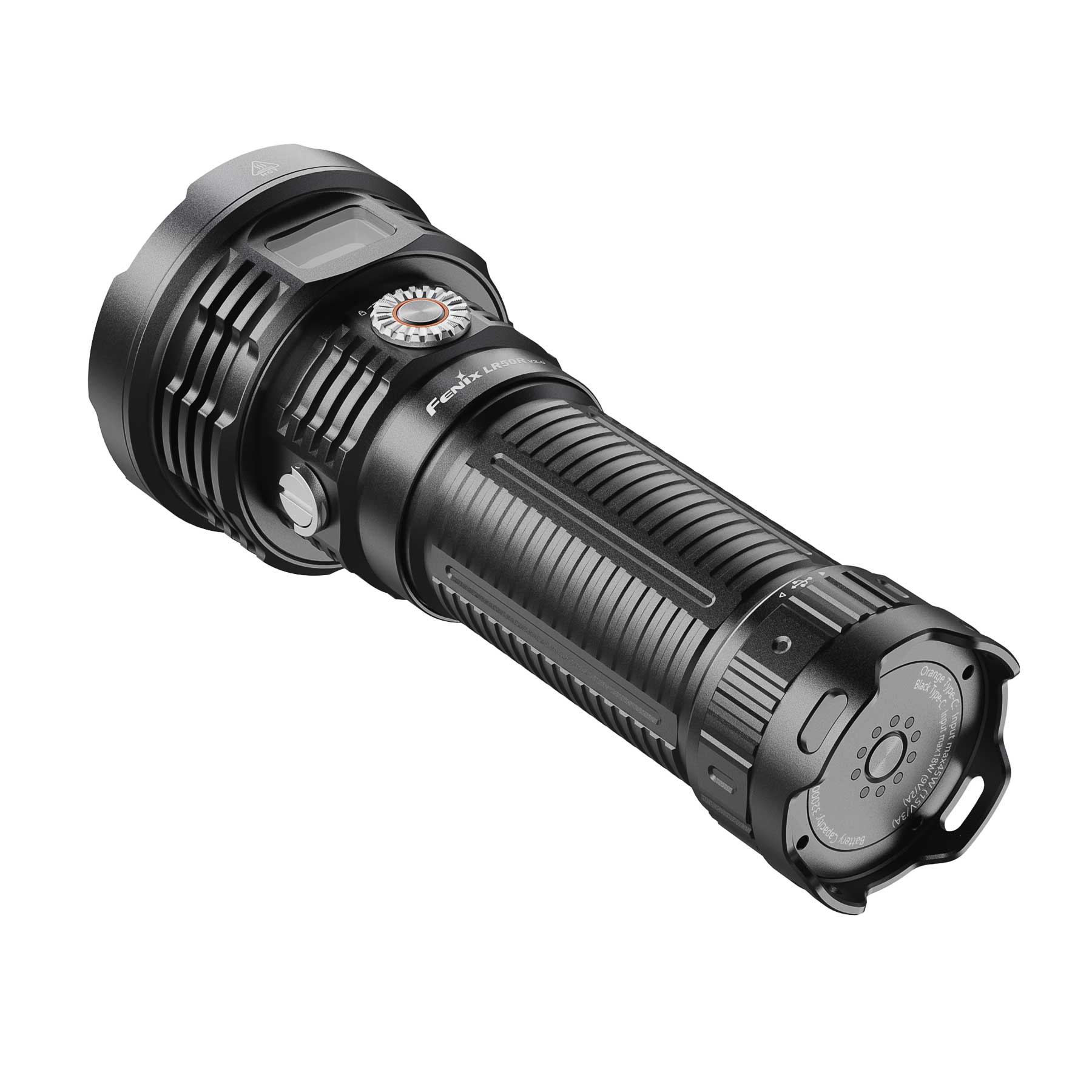 Close-up of a Fenix LR50R flashlight showing a textured grip and rotary mode dial on the head area.