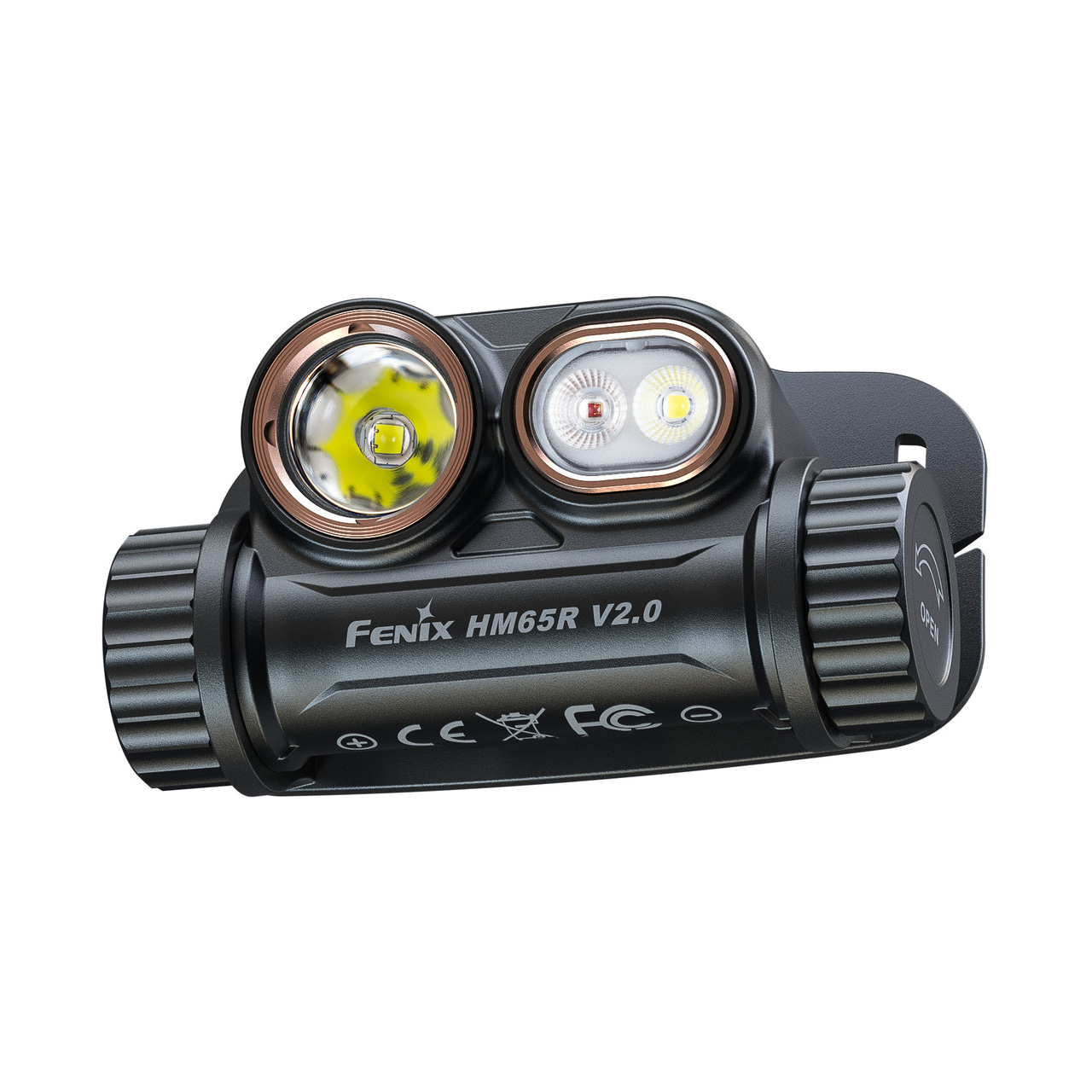 Fenix HM65R V2.0 dual-LED headlamp in black with two emitters visible on the front.
