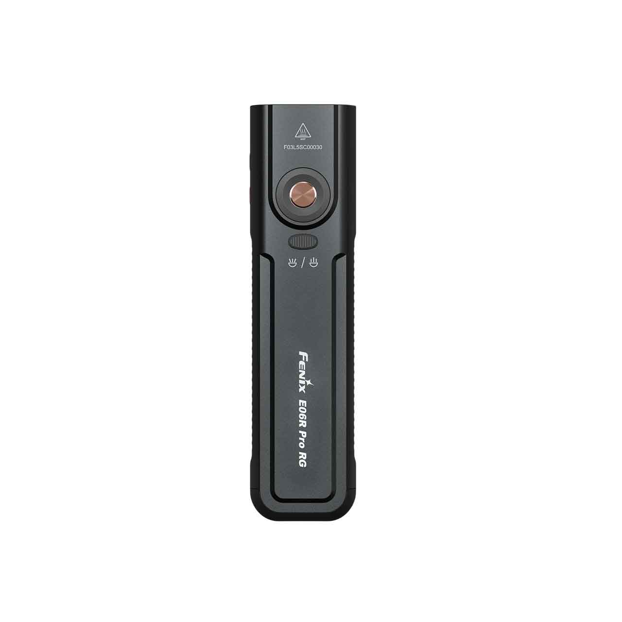 Front view of a black Fenix E60R Pro RG handheld flashlight with a copper round power button against a white background, vertical grooves on sides.