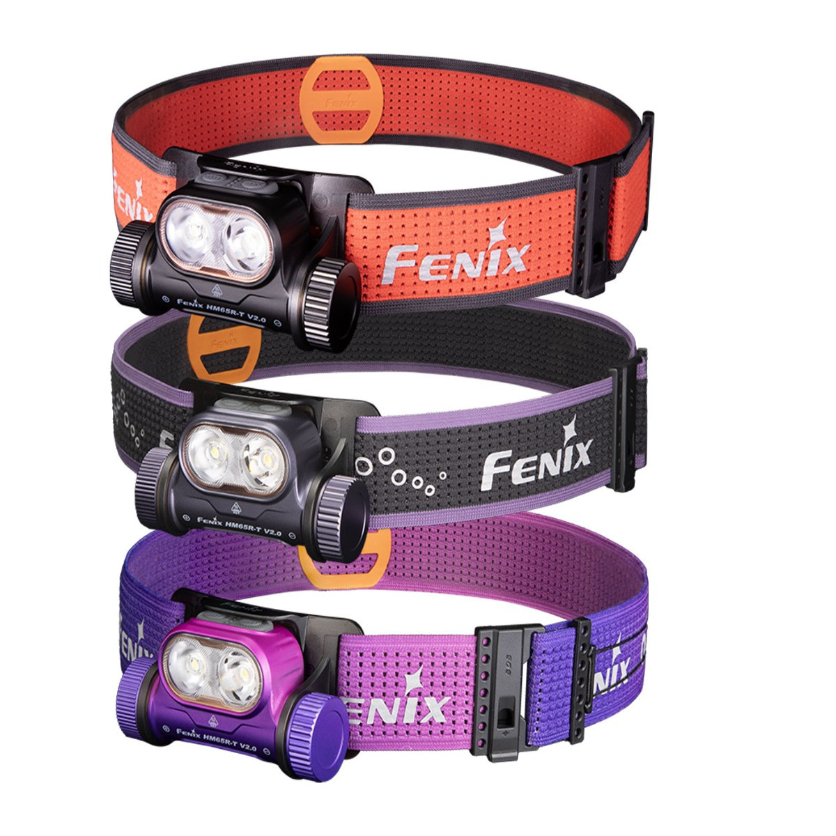 Set of three Fenix headlamps with orange, black/purple, and purple headbands arranged in a stack.