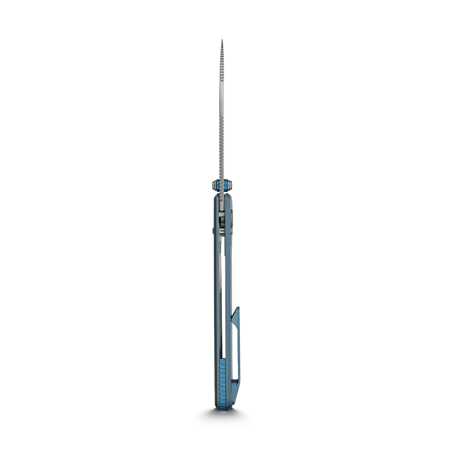 Long, narrow precision screwdriver with a ribbed metal shaft and blue handle at the base