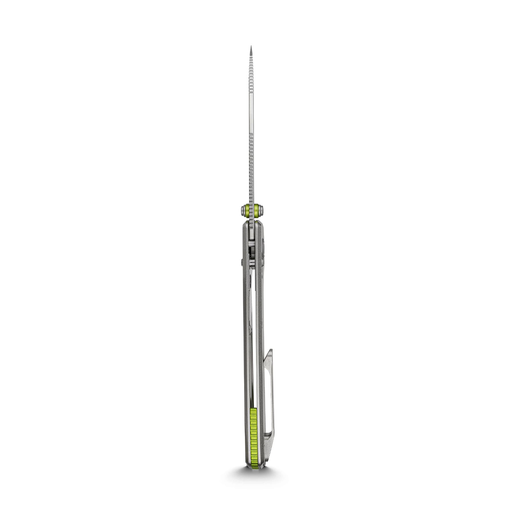 Vertical metal depth gauge with serrated edge and clamped base, shown upright.
