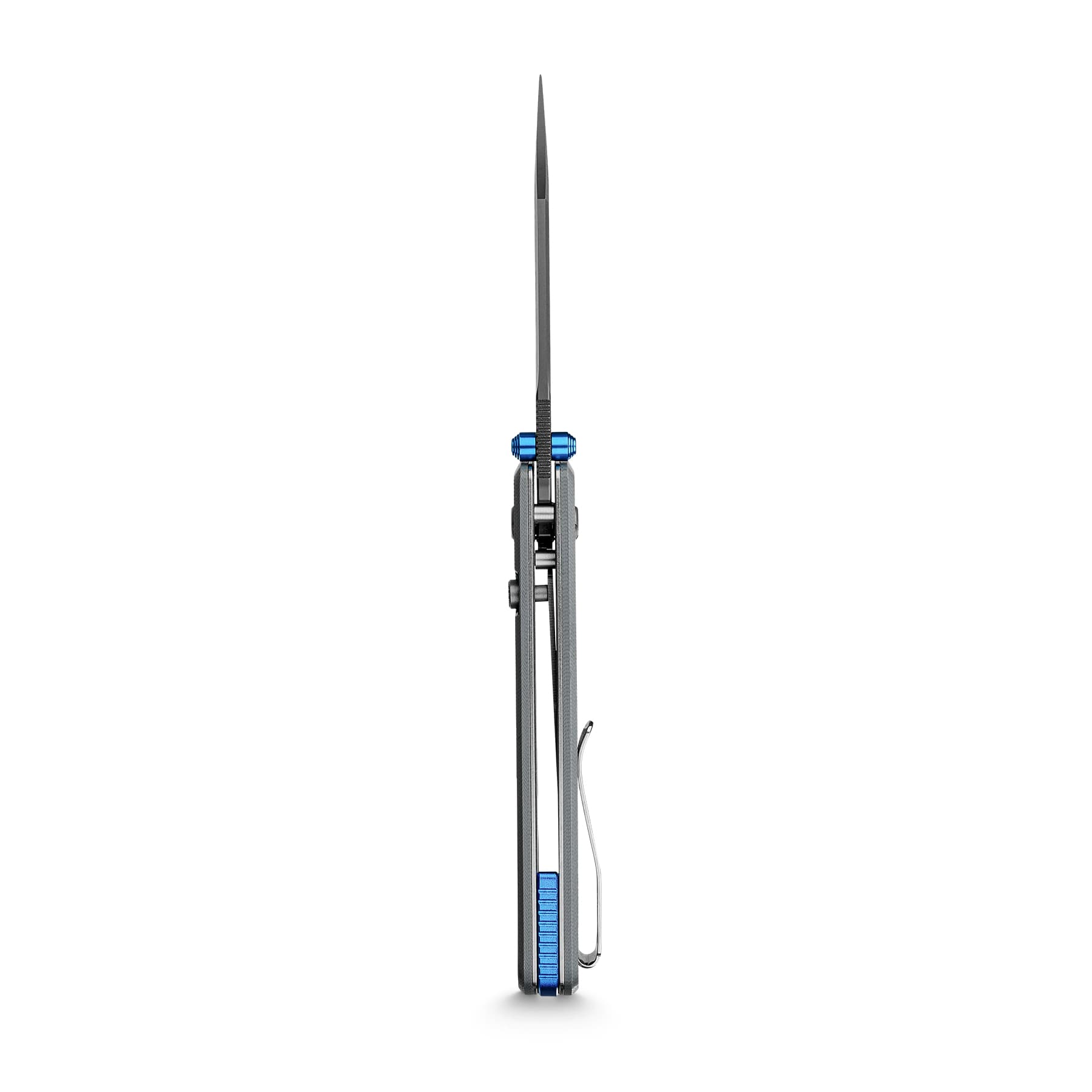 Vertical close-up of a silver utility knife with a long, retracted blade and blue adjustment knob at the base of the handle.