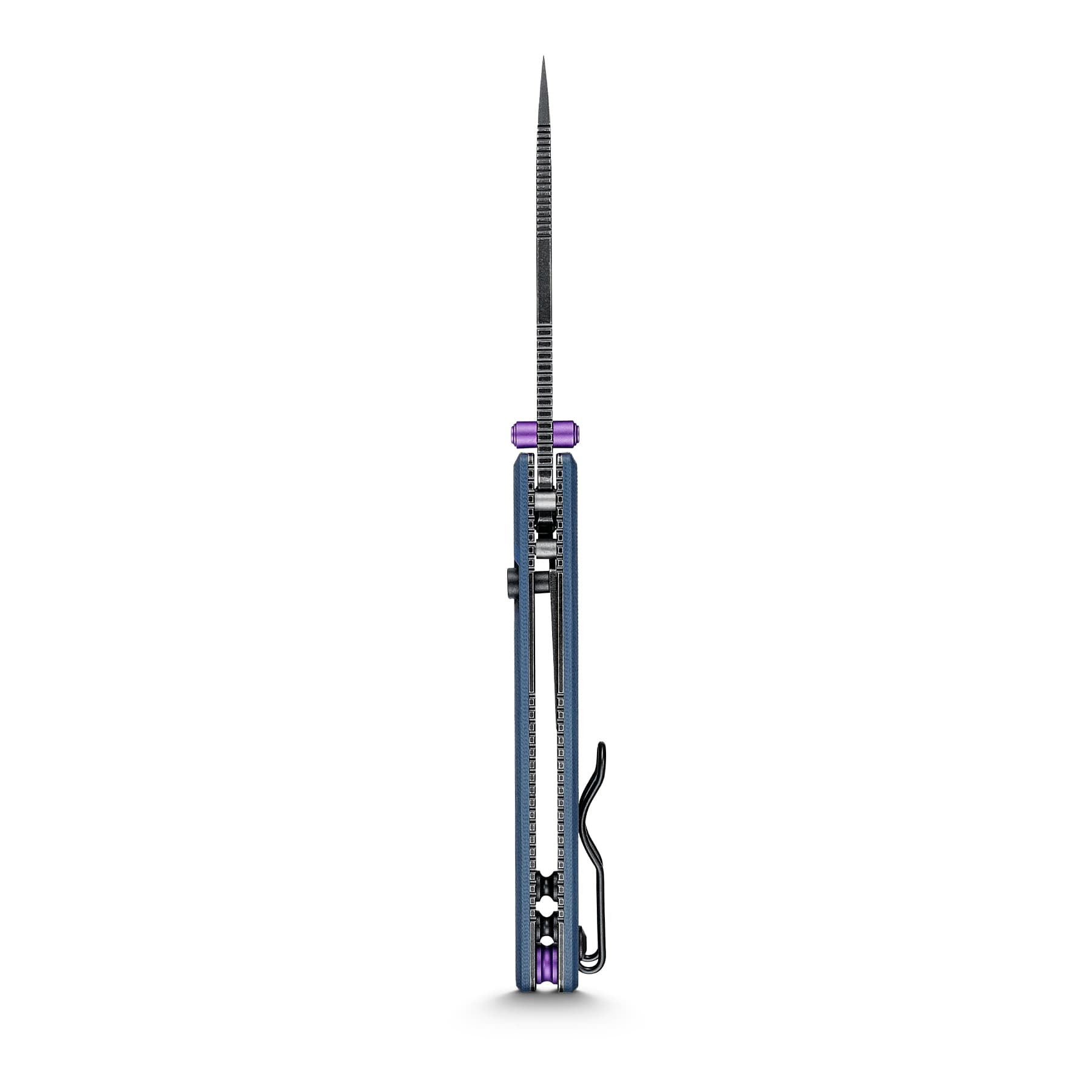 Close-up of a tall, segmented gray rod with a purple connector and blue base, part of a LEGO Technic model.