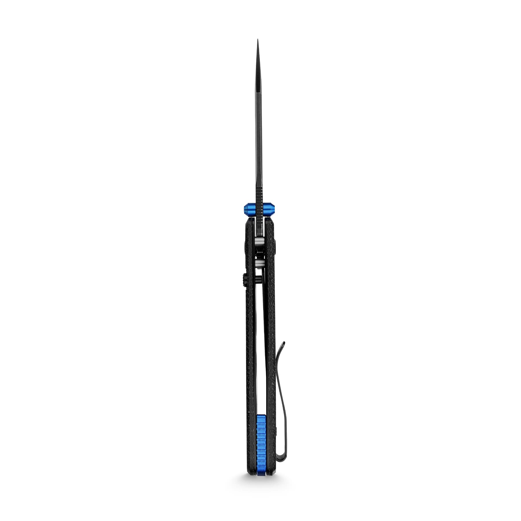 Close-up of a precision hobby knife with a long sharp blade extended upward and a blue knurled handle at the base.