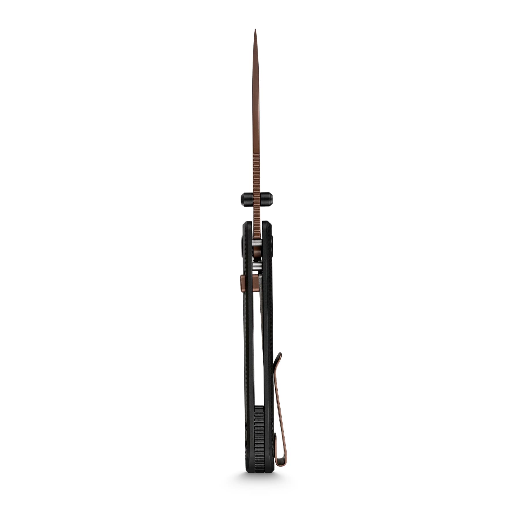 Brown knife blade held vertically, with a textured brown grip at the bottom against a white background