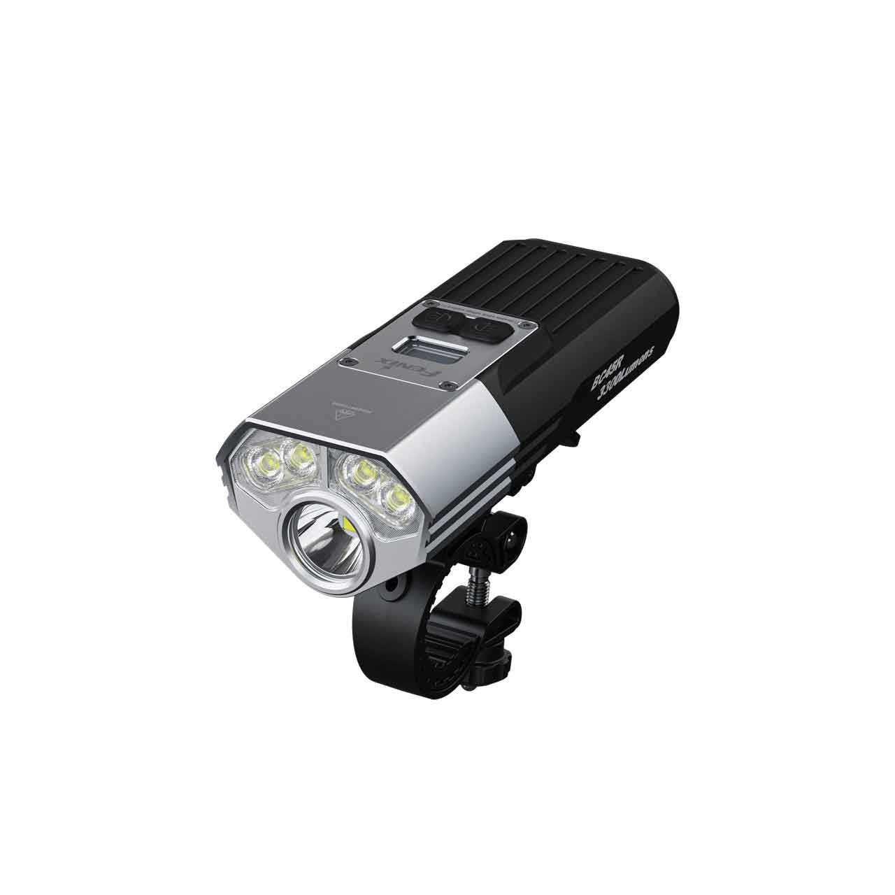 Front bicycle headlight with four LED modules and adjustable mount on a black bracket.