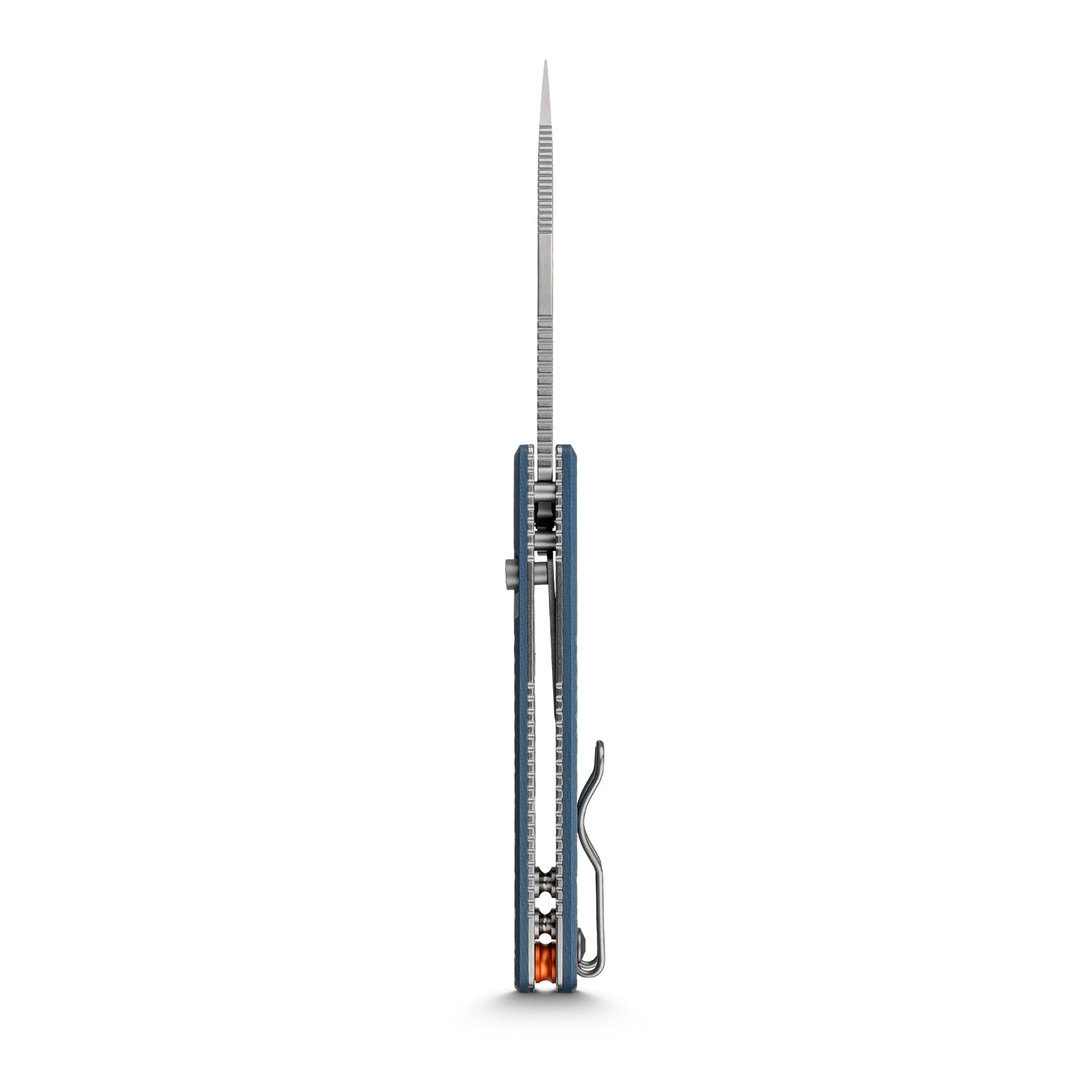 Close-up of a long, slender serrated blade extended from a blue-handled utility knife, with the blade fully exposed above the handle as if ready to cut.