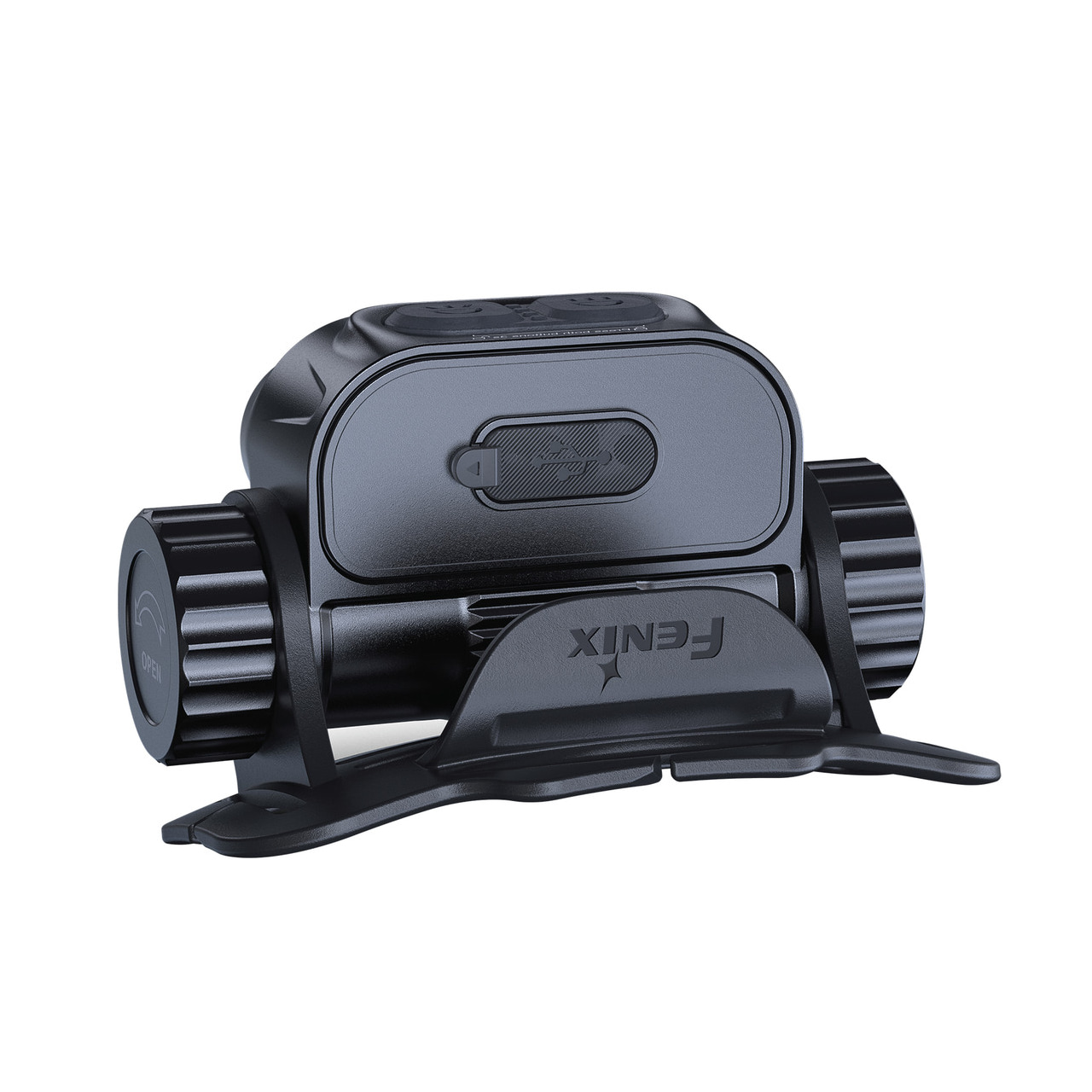 Fenix mounting bracket with dual side knobs and a central USB port, shown on a curved base.