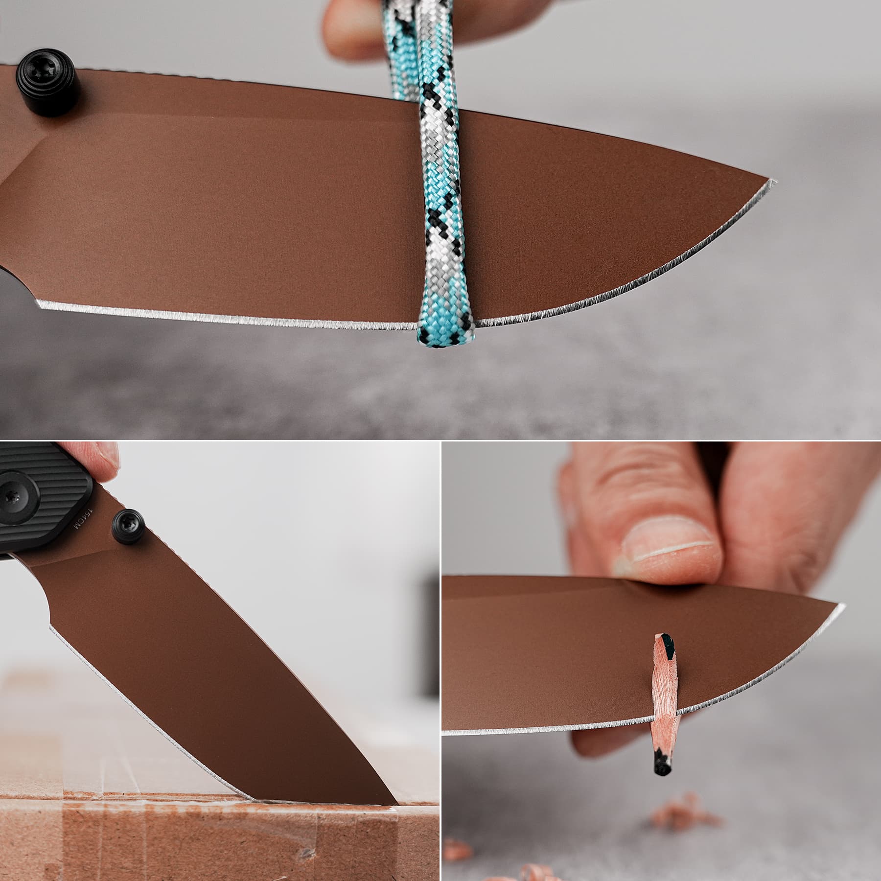 Close-up collage of a woodworking knife with a turquoise braided rope wrapped around the blade and a wooden block nearby.