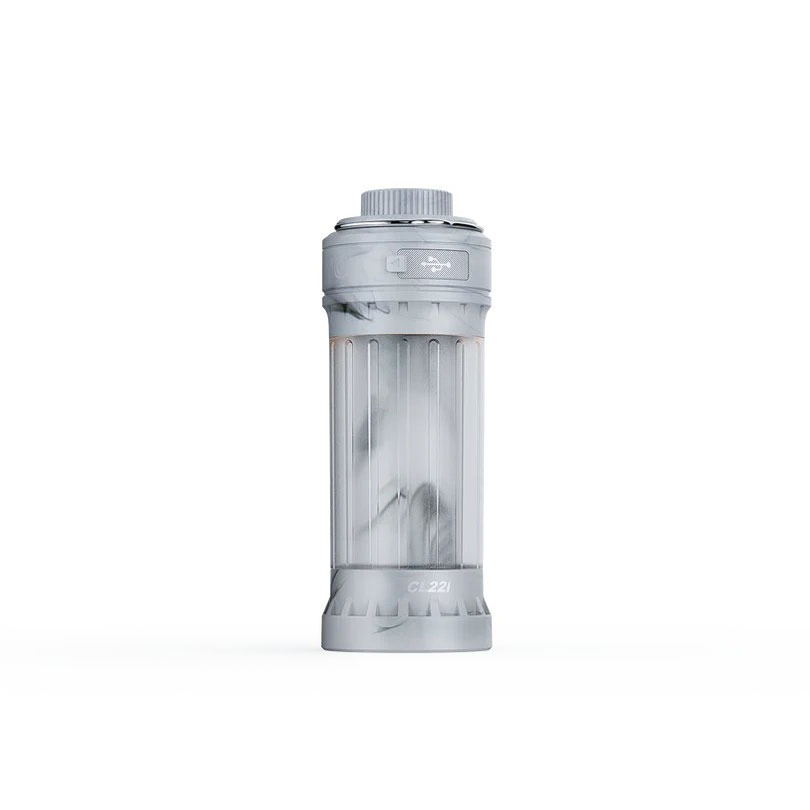 Light gray insulated reusable water bottle with a screw-on cap, shown upright on a white background.