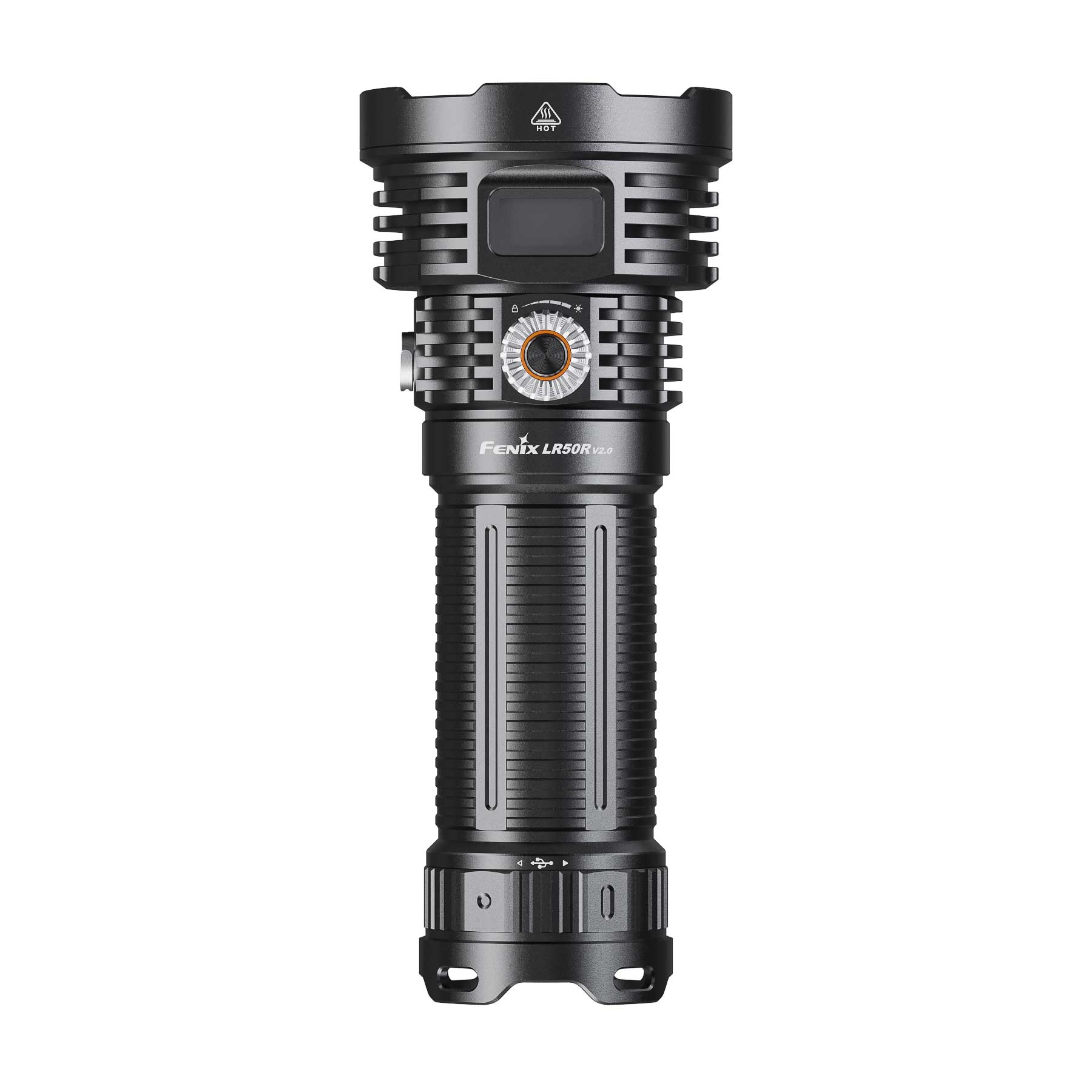 Close-up of a black Fenix LR50R flashlight head with cooling fins and a textured bezel area in the center display window