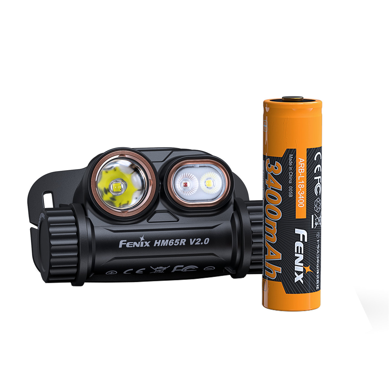 Fenix HM65R V2.0 headlamp with a 3400 mAh orange battery beside it