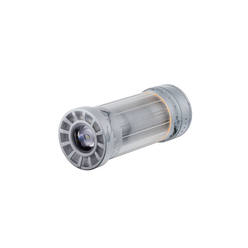 Cylindrical camera lens module with a clear housing and front glass, angled to the left