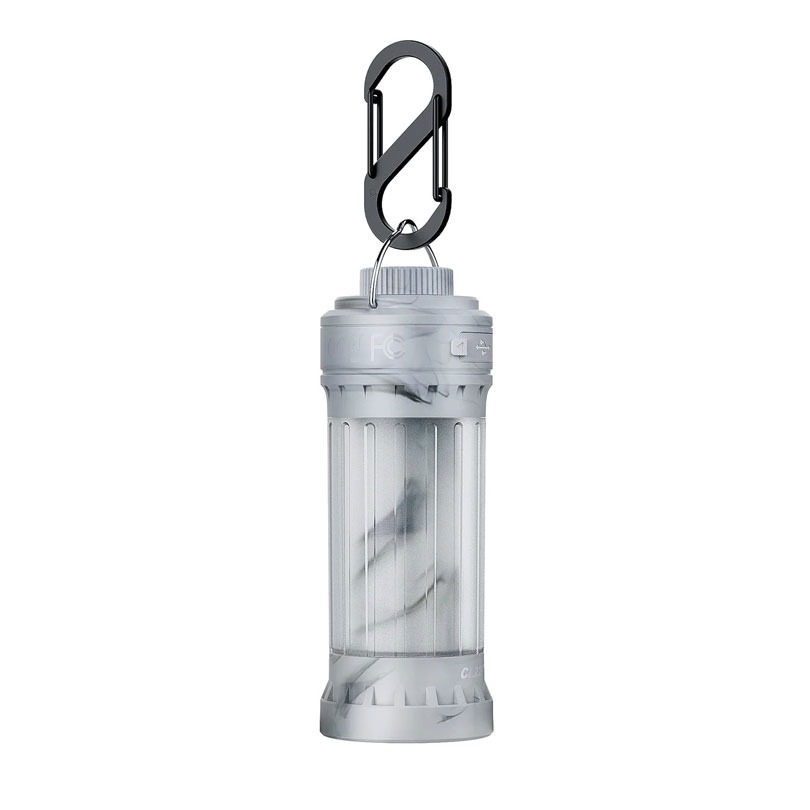 Rugged silver flashlight with a black carabiner clip attached to its top