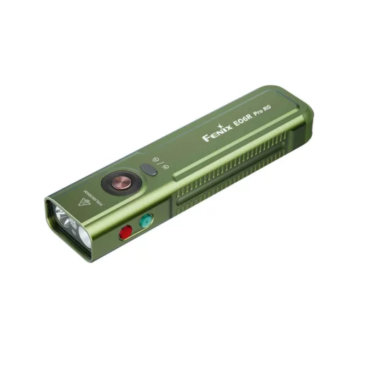 Compact green flashlight labeled 'Fenix E06R Pro RG' with a circular power button and red/green indicators on the side panel
