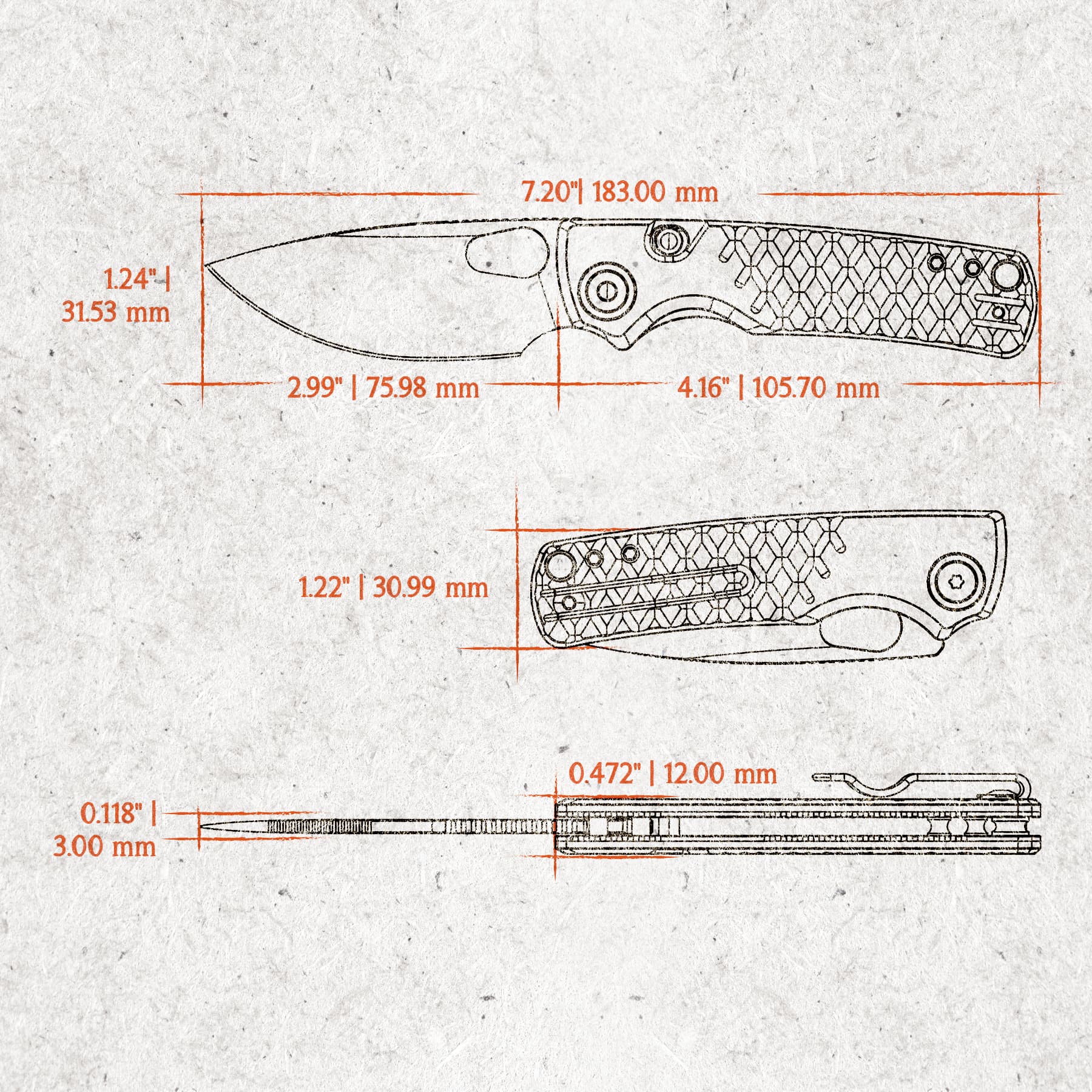 Technical drawing of a folding knife with dimension lines (inches and mm) showing overall length and blade size, plus textured handle pattern.