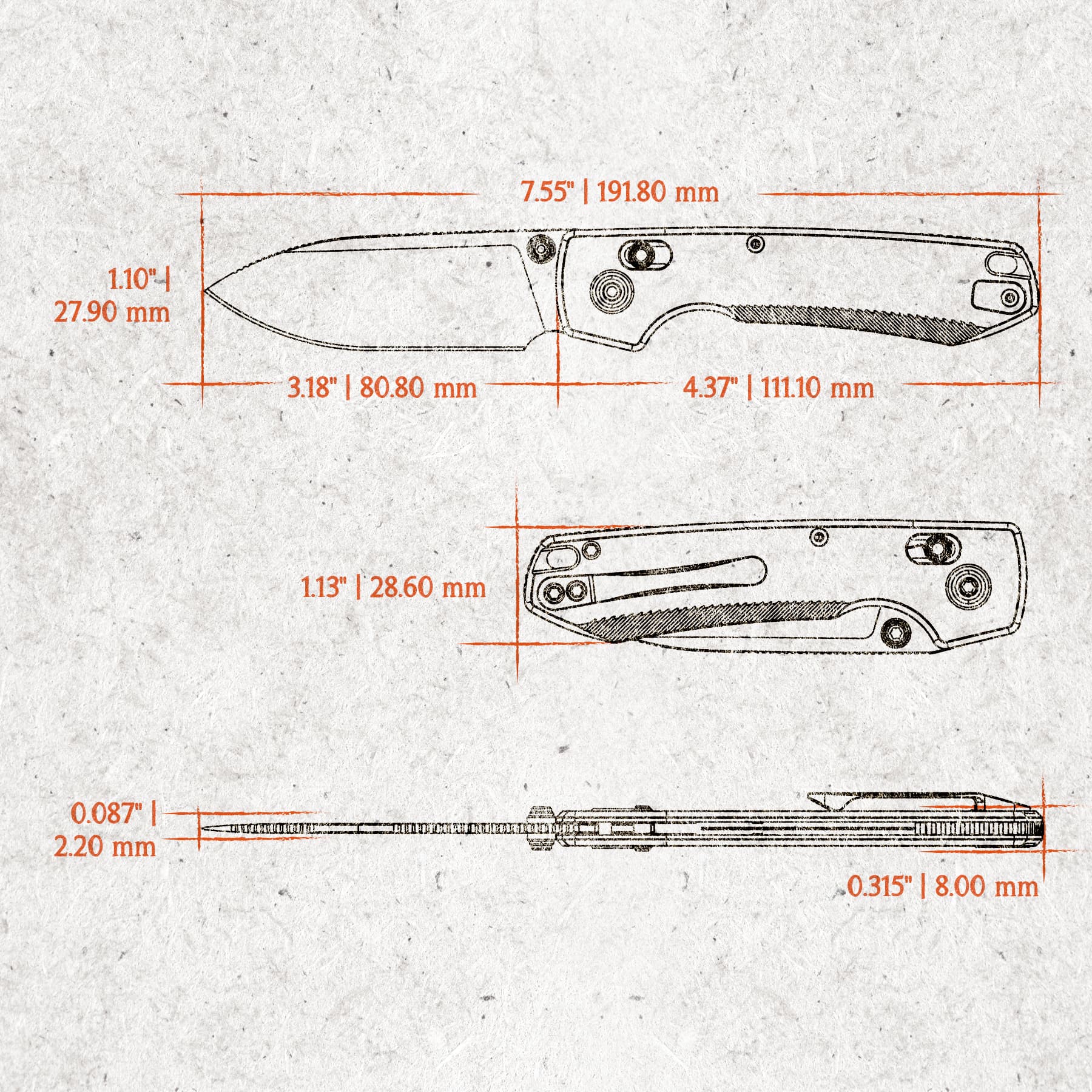 Technical drawing of a folding knife with orange measurement lines and dimensions labeled (inches and millimeters).