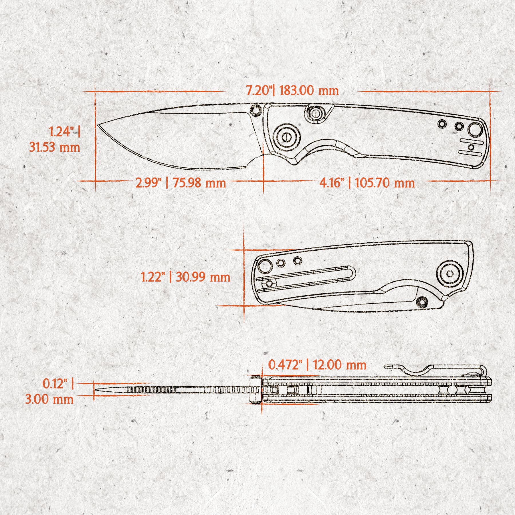 Technical drawing of a folding knife with orange measurement lines showing blade length 2.99 in (75.98 mm), handle length 4.16 in (105.70 mm), and overall length 7.20 in (183 mm).