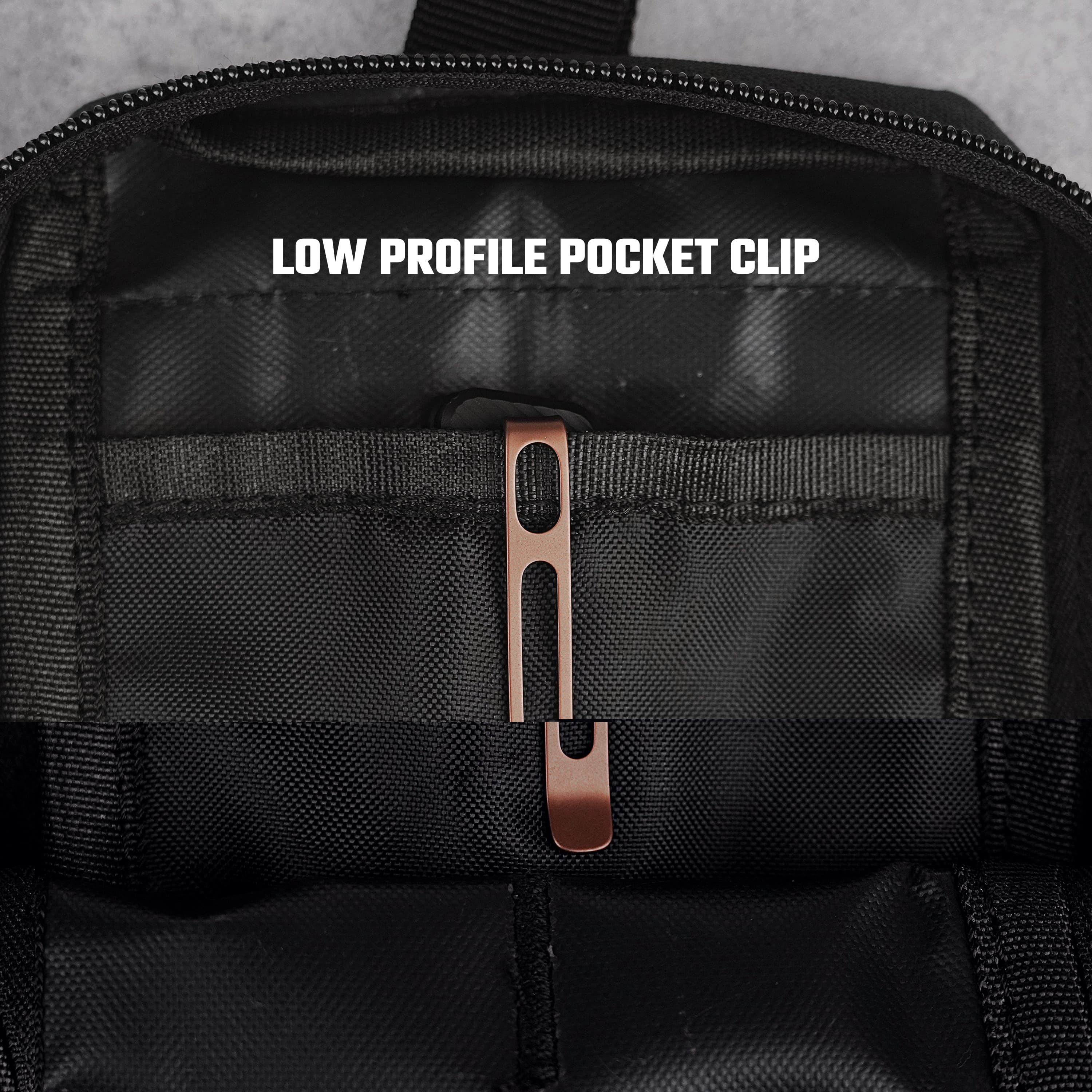 Close-up of a black backpack zipper with a copper metal pull on textured fabric.