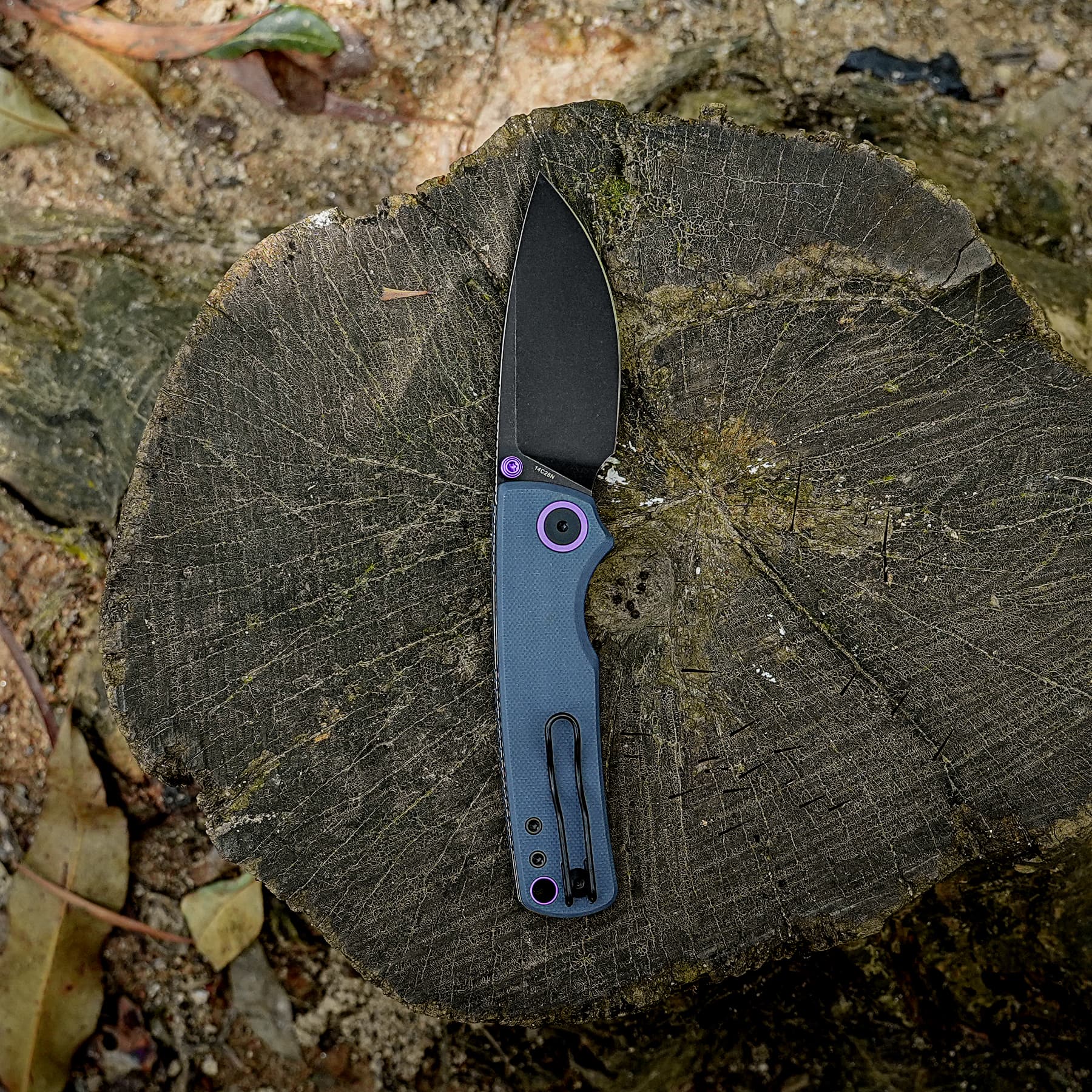 Black folding knife with blue handle resting on a weathered tree stump outdoors.