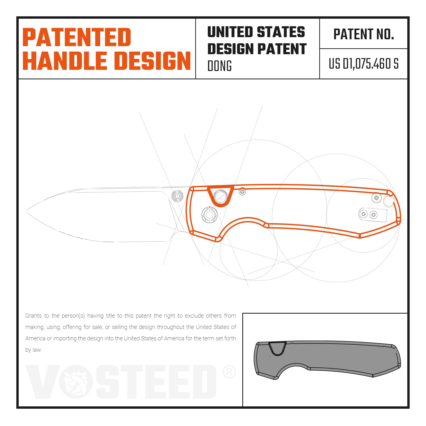 Patent drawing of a patented orange handle design with drafting lines and a US patent label at the top panel.