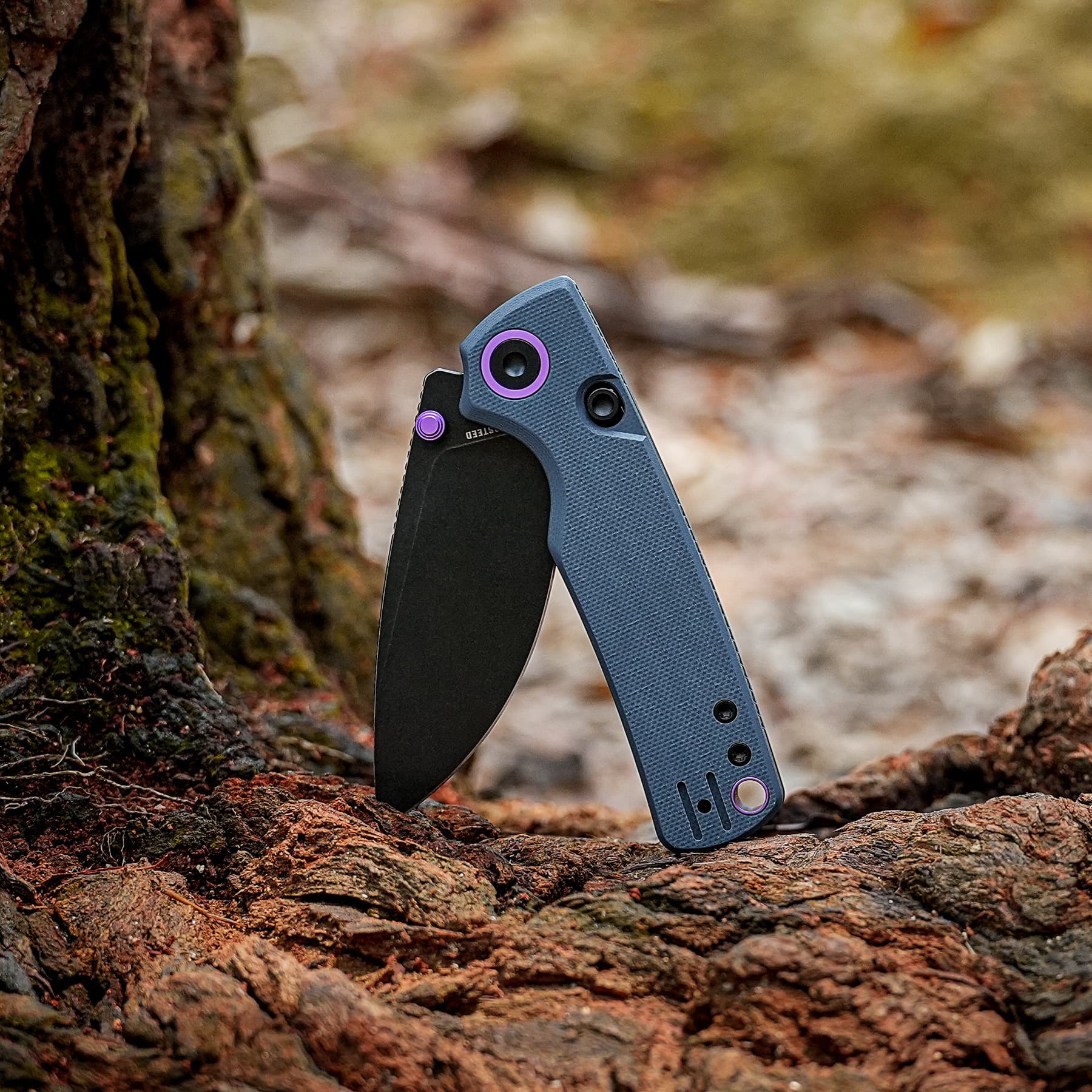 Blue folding knife partially stuck into a mossy, rocky surface outdoors