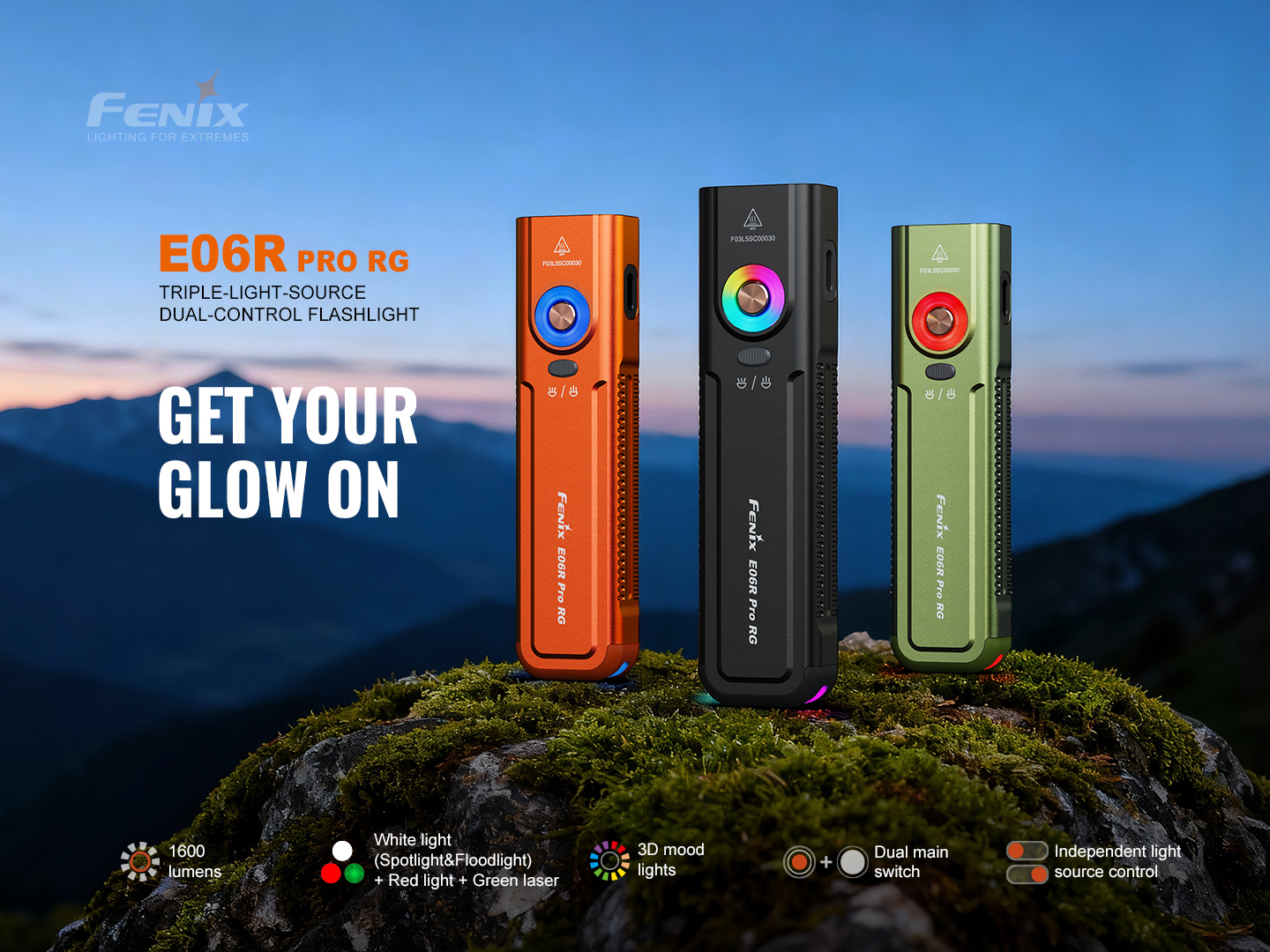 Three Fenix E06R Pro RG flashlights in orange, black, and green stand on a rocky ledge with a mountain sunset background and the headline 'GET YOUR GLOW ON' on the left.