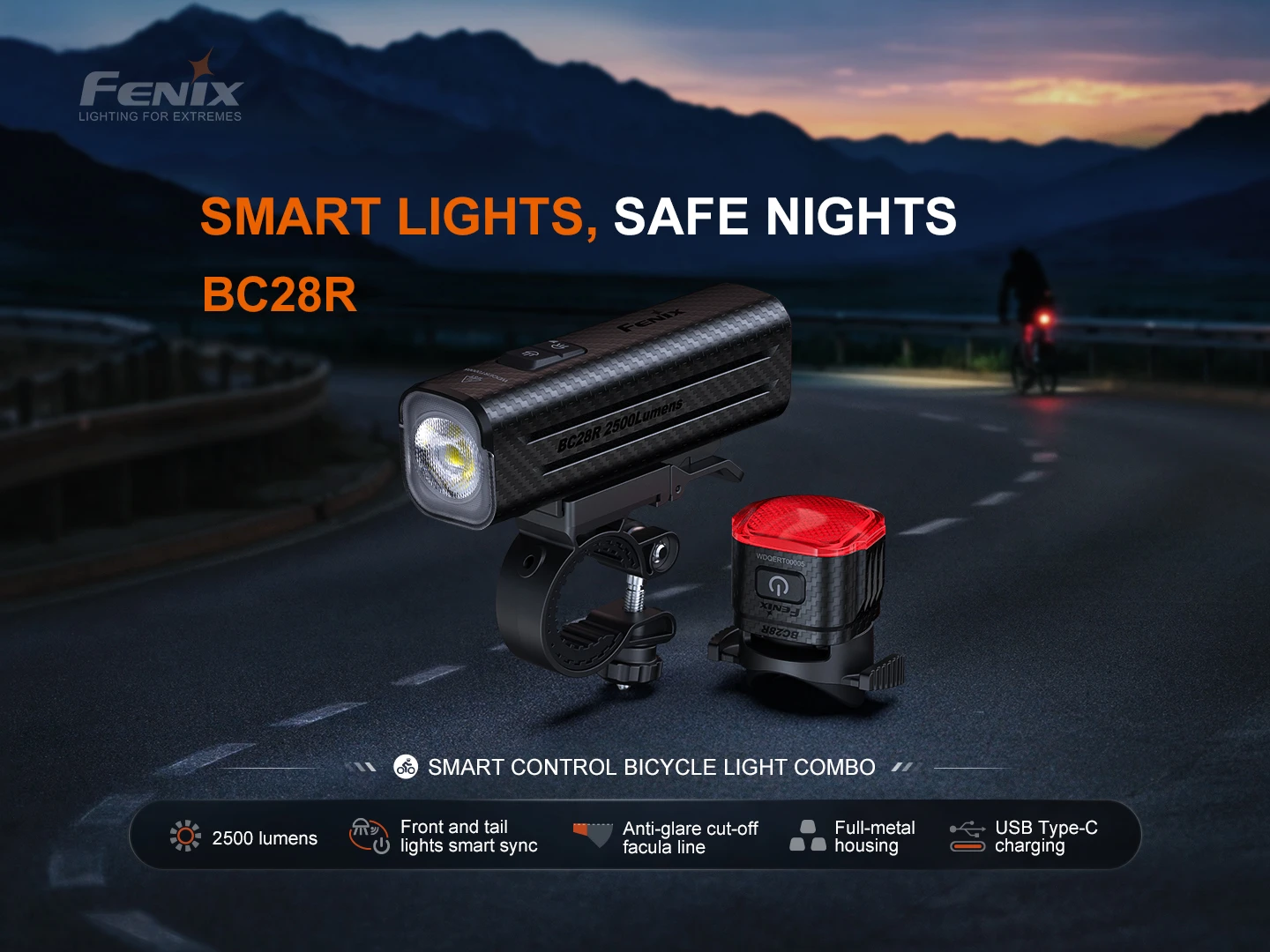 Cycling headlight and rear light mounted on a dark road at dusk with branding in the background (Fenix), showing a smart bike light combo for safe night riding.