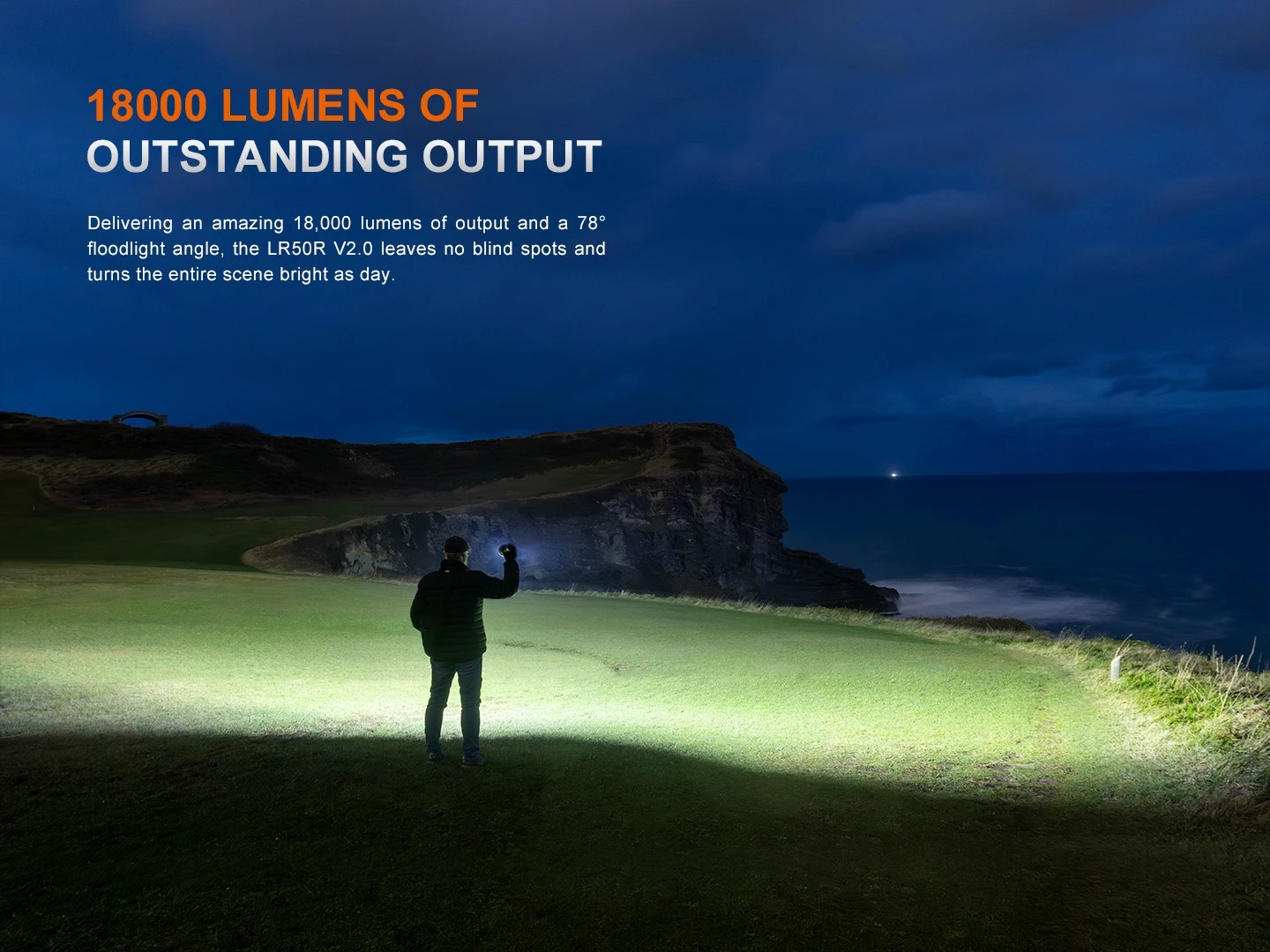 Night coastal scene with a person shining a bright beam across the grass at dusk; large orange/white headline text on the left reads '18000 LUMENS OF OUTSTANDING OUTPUT'.