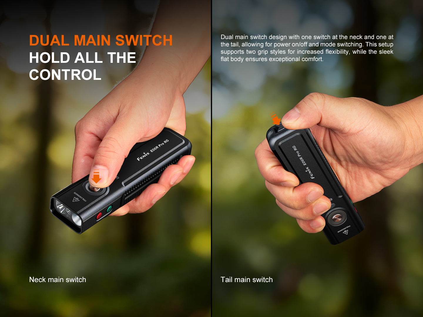 Split-screen product shot showing a compact flashlight with a neck main switch on the left panel and a tail main switch on the right panel, outdoors.