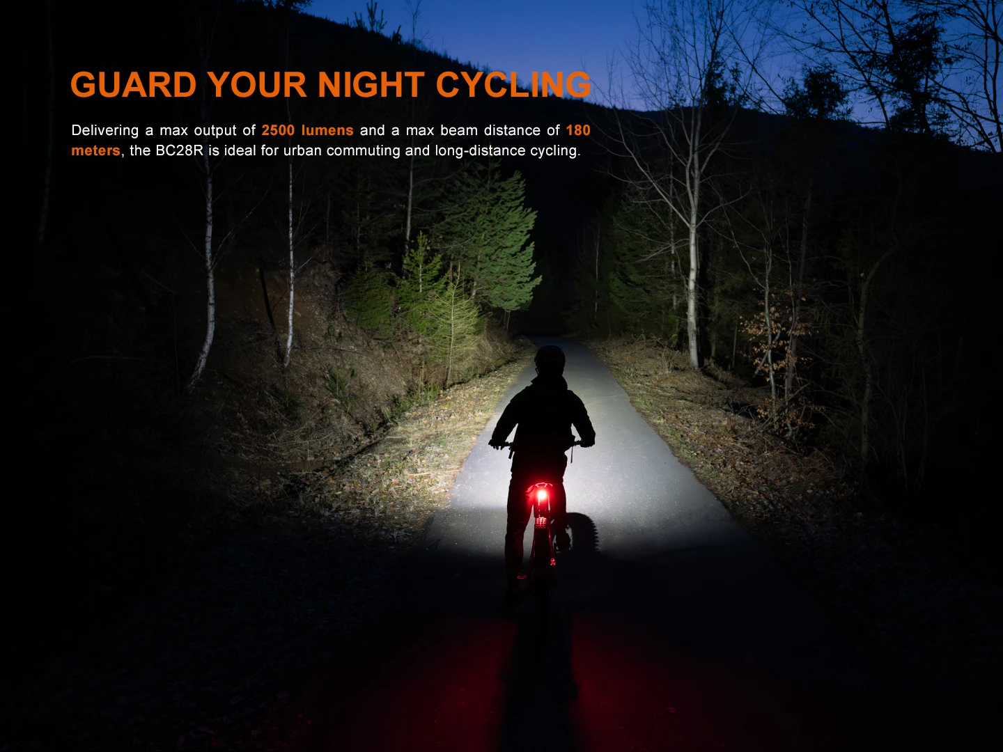 Night-time cyclist on a forest path, headlights lighting the trail, with bold orange headline 'GUARD YOUR NIGHT CYCLING' at the top left.