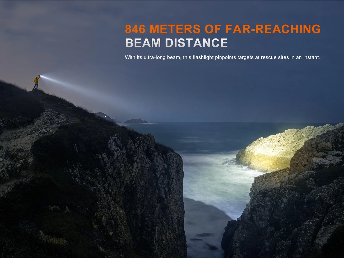 Person on a cliff at dusk shines a flashlight across the ocean to demonstrate 846 meters beam distance.