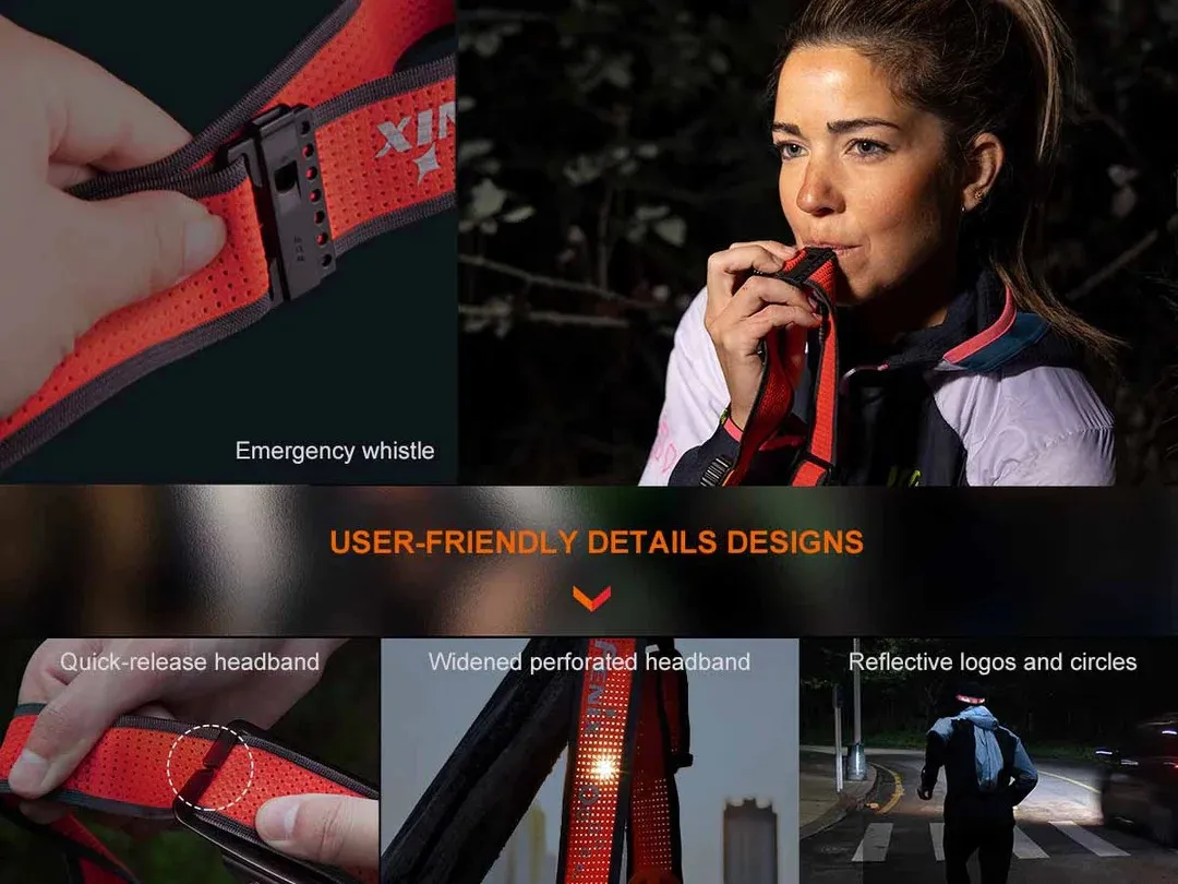 Red safety headband with quick-release buckle and built-in emergency whistle, shown on a person wearing it.
