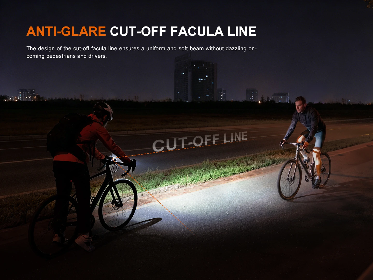 Nighttime road scene with two cyclists; an orange dashed line labeled 'CUT-OFF LINE' projects onto the pavement, illustrating anti-glare design.