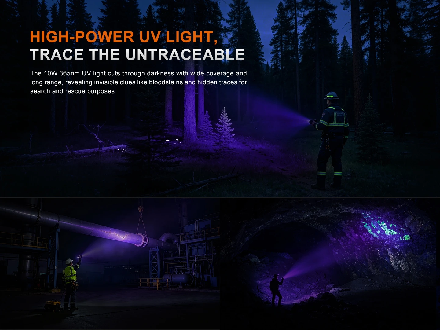 Worker in safety gear shines a purple UV beam through a dark forest at night.