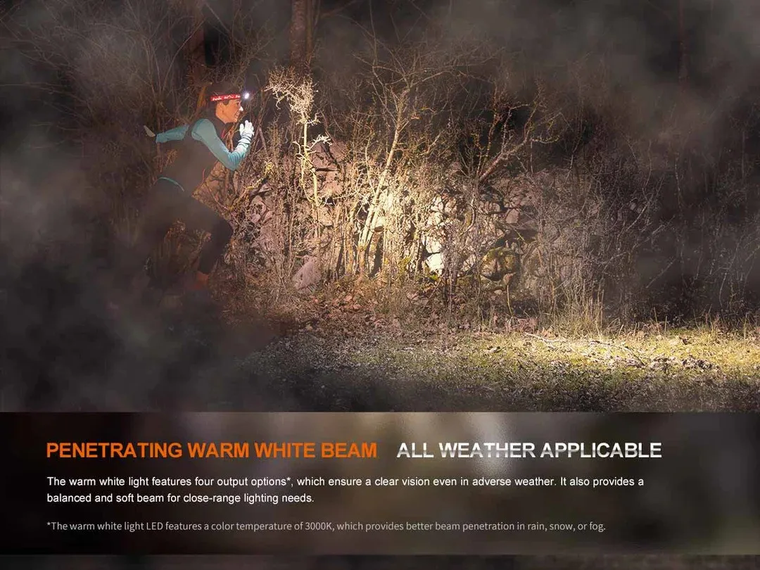 Night-runner with a headlamp moves through foggy woodland beside a rocky bank; advertising banner promotes penetrating warm white beam LED lights for all-weather use.