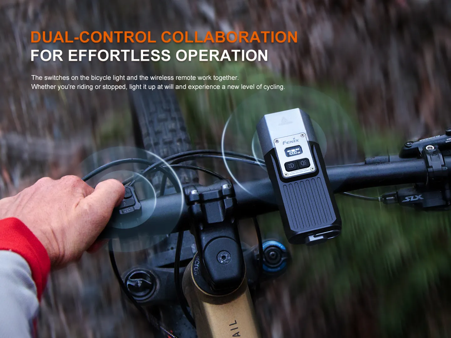 Close-up of a cyclist's left hand on the handlebar with a mounted bike computer, blurred trail in the background, suggesting focused control.