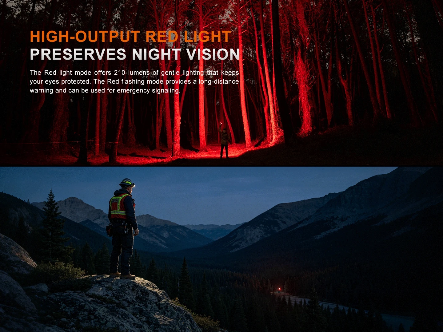Two-panel image: top shows a person in a dark forest bathed in red light with bold orange headline and white subtitle about red light preserving night vision; bottom shows a mountaineer on a rocky overlook at dusk over a valley.