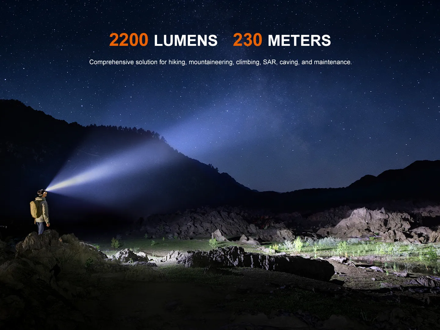 Night hiking scene with a person wearing a backpack and shining a bright headlamp across rocky terrain; overlay text shows 2200 lumens and 230 meters reads left to right across the image.
