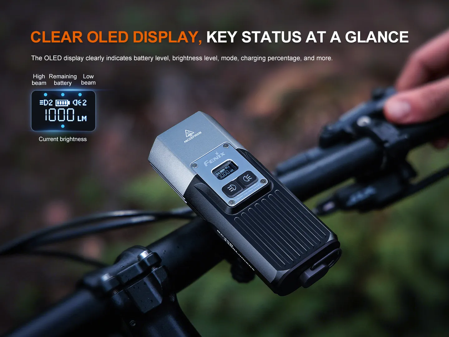 Bike light mounted on a handlebars with a clear OLED display showing brightness and status indicators (1000 LM). emphasizes at-a-glance battery, mode, and brightness information for the user on the handlebar unit.