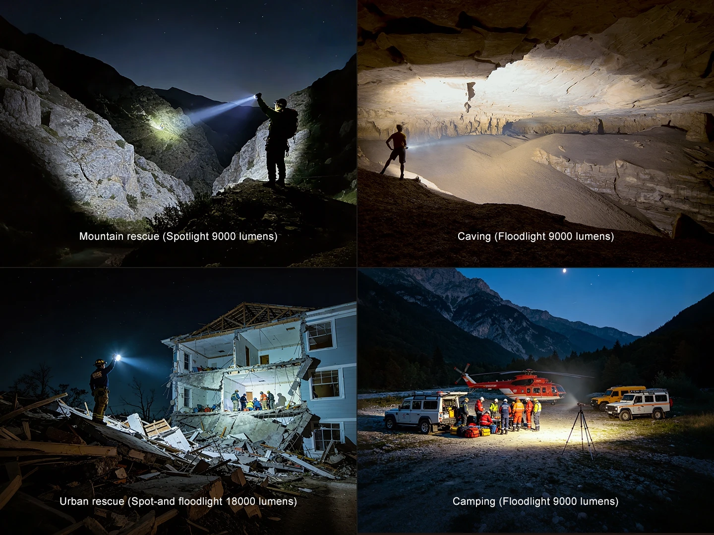 Mountain rescue at night: a climber with a bright spotlight illuminating rugged rocks in a dark valley (nighttime rescue).