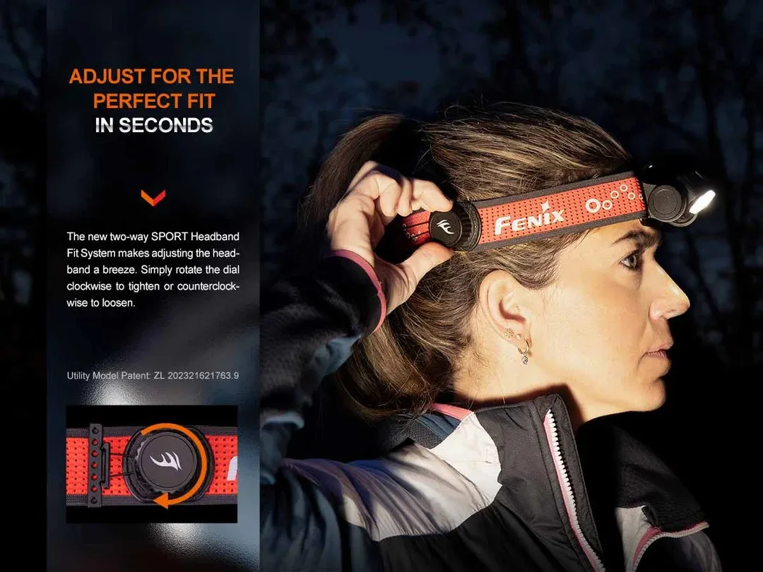 Woman wearing a red Fenix headlamp with an adjustable strap, preparing for activity at dusk.