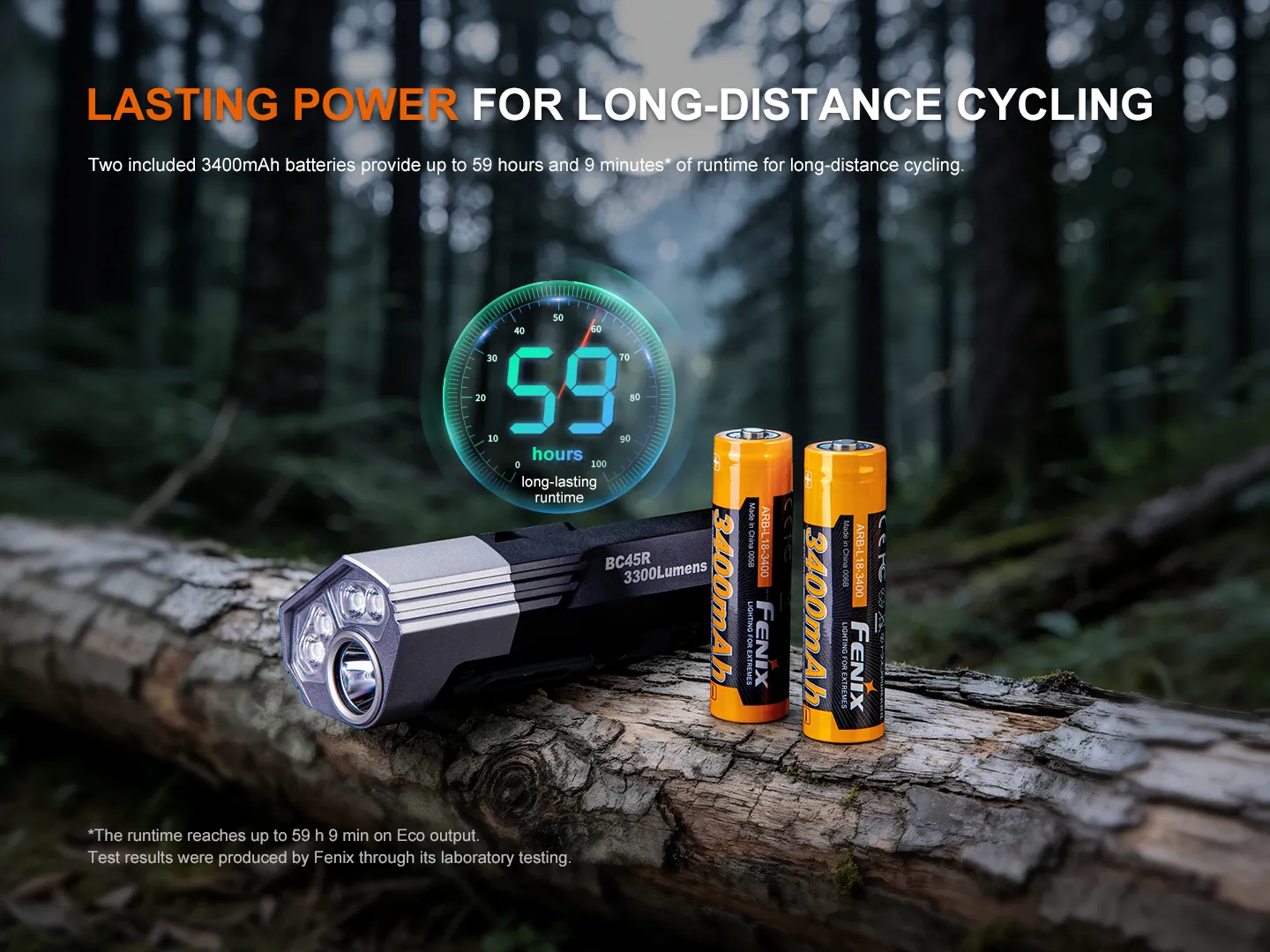 Flashlight and two orange batteries resting on a log in a forest; a banner reads 'LASTING POWER FOR LONG-DISTANCE CYCLING' with smaller text below.