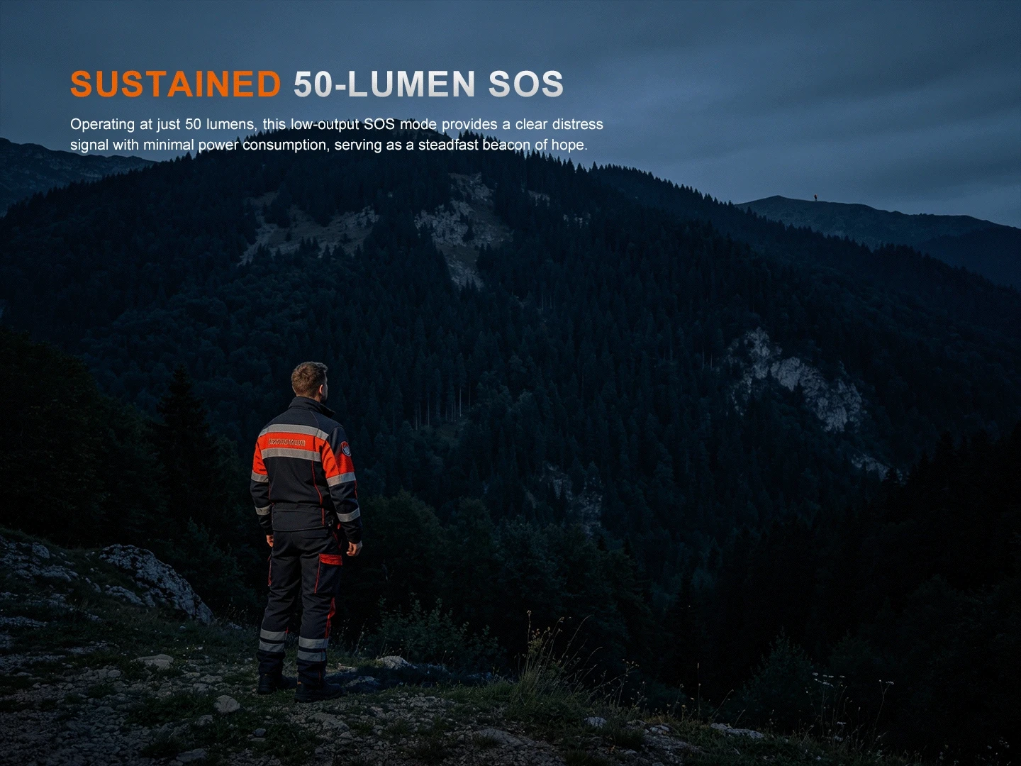Person in orange-and-black rescue gear stands on a rocky ridge at dusk, overlooking pine forests and mountains with the bold orange headline 'SUSTAINED 50-LUMEN SOS'.