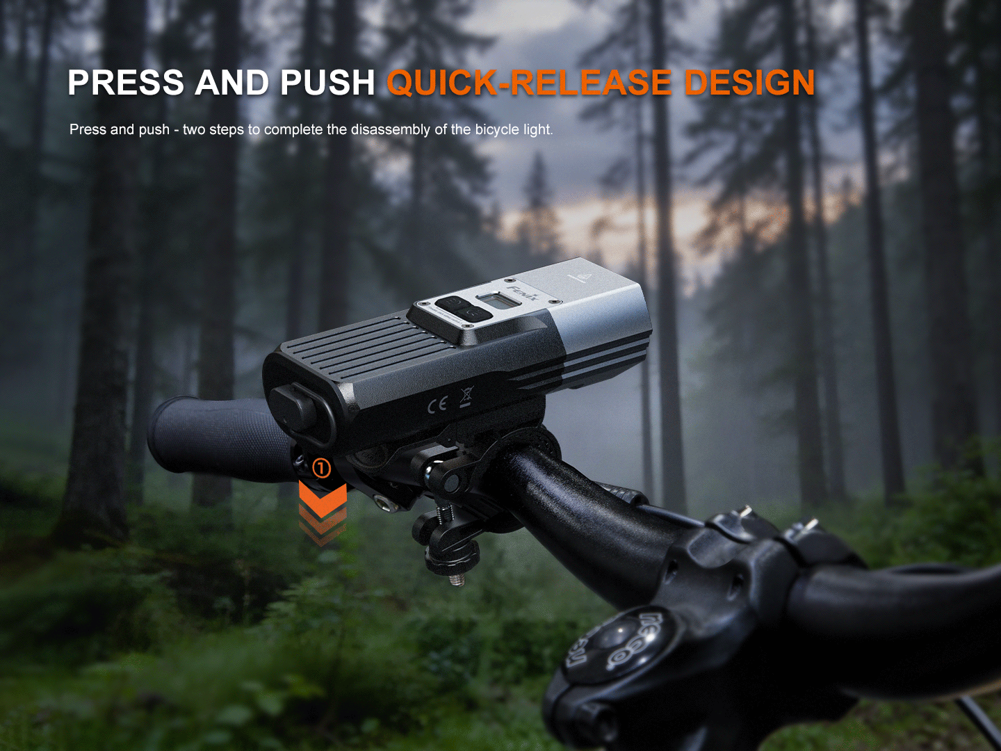 Close-up of a bicycle handlebar with a mounted front light and an orange quick-release tag, set against a forest background, with headline text overlay 'PRESS AND PUSH QUICK-RELEASE DESIGN'