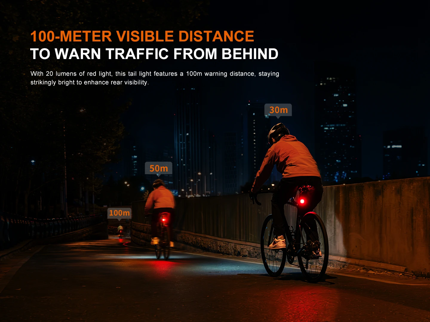 Nighttime bike riders on a bridge with orange distance markers (100m, 50m, 30m) illustrating a 100-meter rear visibility warning for oncoming traffic; bold headline about warning distance is shown above.