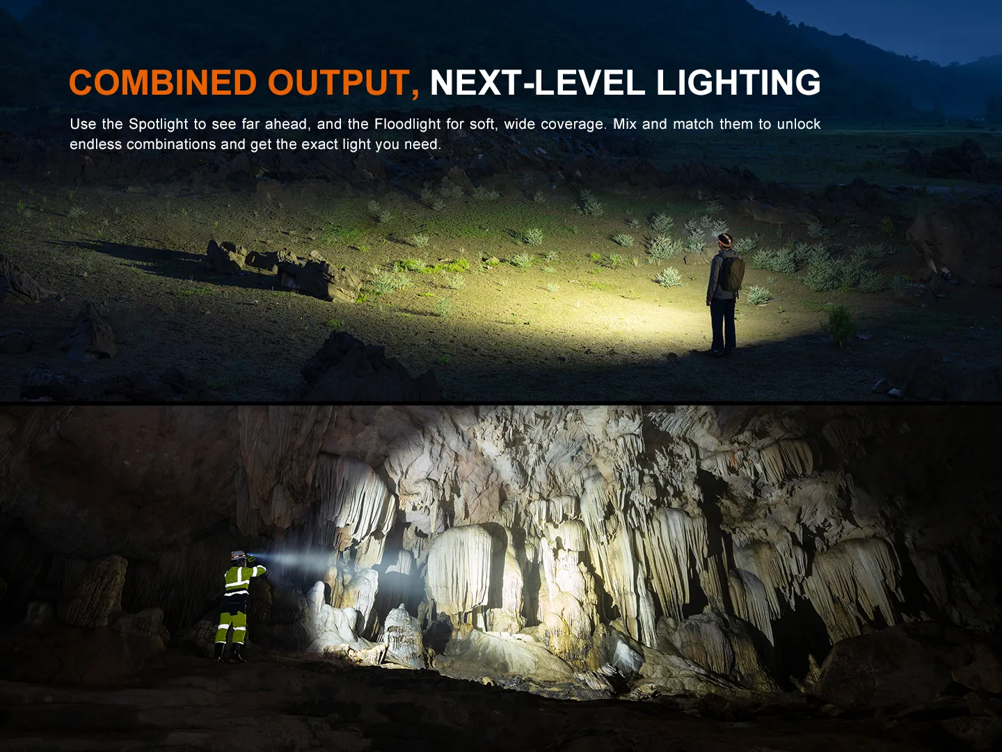 Outdoor night scene: a person with a backpack stands on rocky ground, illuminated by a beam of light, with a bold marketing headline above; below, a cave is lit by a worker shining a flashlight on stalactites, illustrating strong lighting capabilities.